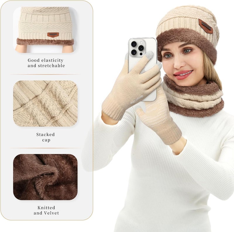 MAYLISACC Winter Knit Beanie Hat Neck Warmer Scarf and Touch Screen Gloves Set 3 Pcs Fleece Lined Skull Cap for Men Women - Image 4
